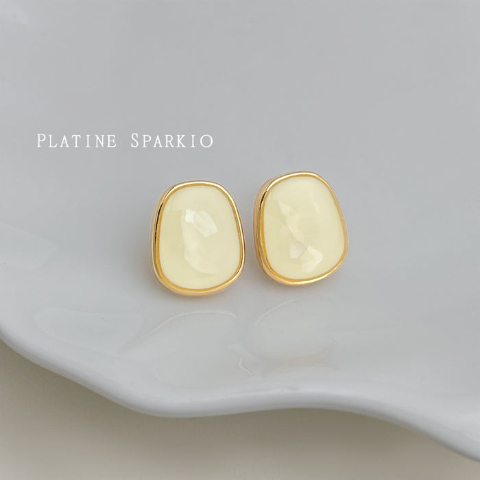 Gold Bezel Cream Enamel Shell Inlay Irregular Oval Studs