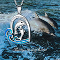 Silver Tone Dolphin Heart Blue Wave Pendant Necklace view 2