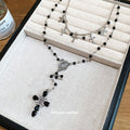 Black Beaded Cross Pendant Necklace With Layered Drop Chains view 2