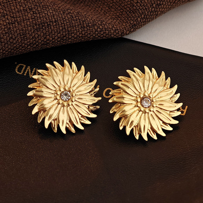 Layered Sunflower Crystal Stud Earrings in Gold Tone