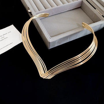 Layered Wavy Multi Strand Metal Collar Necklace In Two Tones