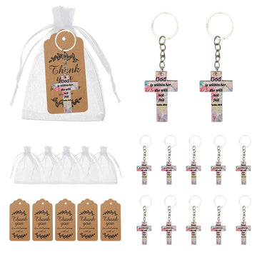 Floral Psalm Cross Printed Keychain Silver Ring Metal Charm