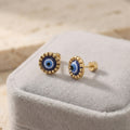 Three Blue Evil Eye Round Gold Tone Small Stud Earrings view 6