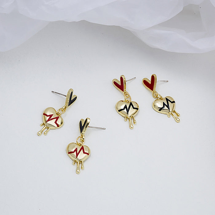 Gold Heart ECG Drop Earrings with Enamel Tops and Drips