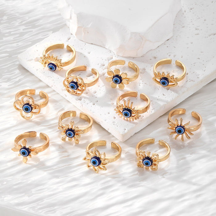 Gold Evil Eye Open Rings Blue Glass Bead 11 Design Styles