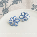 Matte Blue Open Flower Stud Earrings Pearl Center Accent view 4