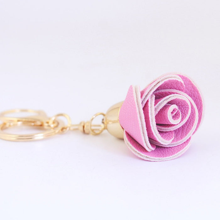 Rose Flower Keychain With Gold Tone Split Ring And Lobster Clasp