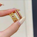 Gold Openwork Flower Band Ring Clear and Red Stones view 3