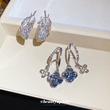 Silver Tone Feather and Blue Flower Stud Earrings Jewelry Pair