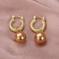 Gold Twisted Rope Hoop Earrings Champagne Pearl Drops view 2