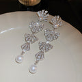 Silver Tone Crystal Bow Pearl Look Drop Earrings Jewelry view 6