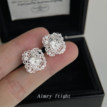 Silver Openwork Lace Filigree Crystal Square Stud Earrings