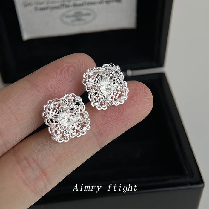 Silver Openwork Lace Filigree Crystal Square Stud Earrings