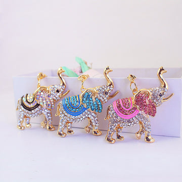 Gold Tone Rhinestone Elephant Keychain in Pink, Blue or Black