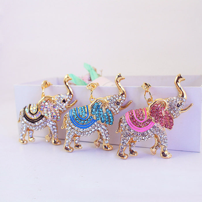 Gold Tone Rhinestone Elephant Keychain in Pink, Blue or Black