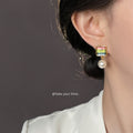Square Stripe Paint Stud Earrings Pearl Drop Gold Tone view 2
