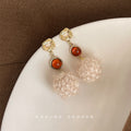 Gold Irregular Stud Amber Disc Fluffy Pom Drop Earrings view 3