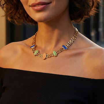 Cat Eye Enamel Station Necklace Bracelet Multi Color