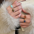 Oval Stone Open Alloy Rings Blue Brown Or Orange Gold Silver view 1