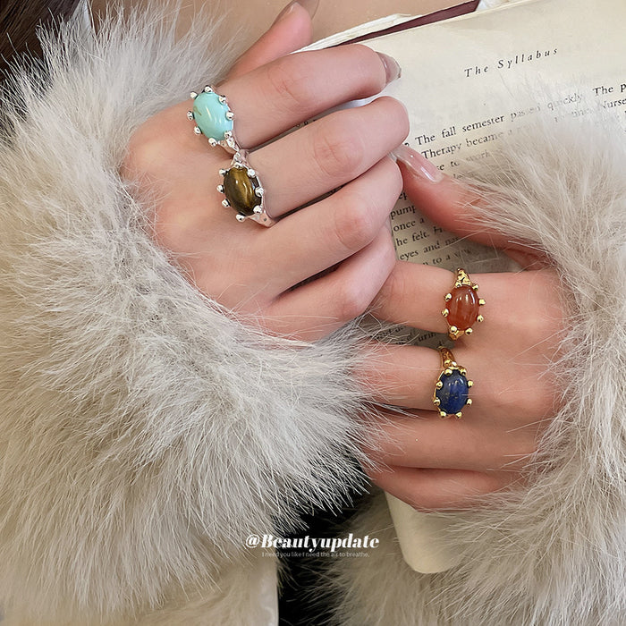 Oval Stone Open Alloy Rings Blue Brown Or Orange Gold Silver