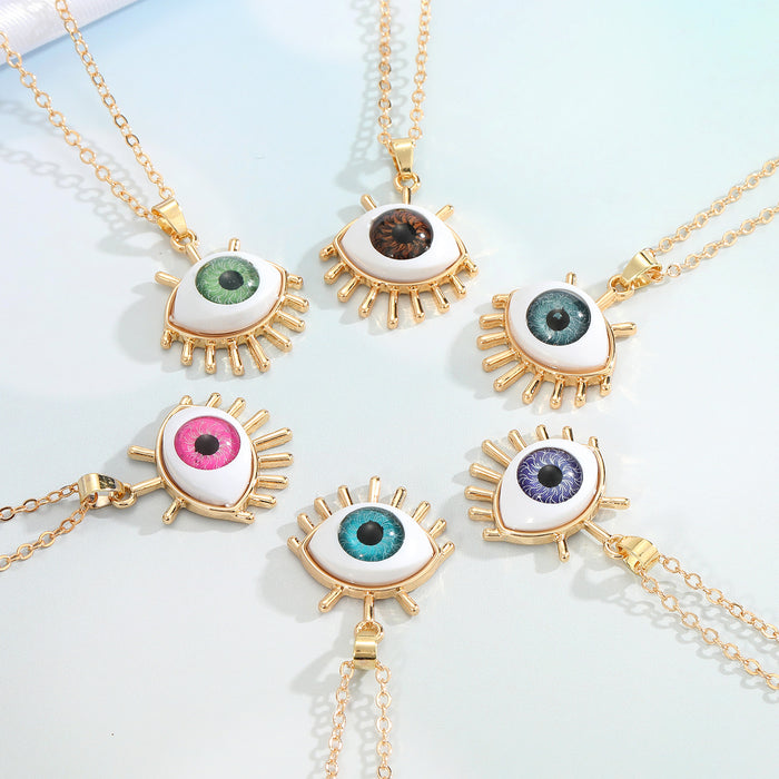 Gold Tone Eyelash Eyeball Pendant Necklaces in Five Iris Colors