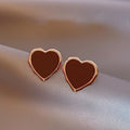 Burgundy Enamel Heart Stud Earrings Gold Tone Metal Rim view 1