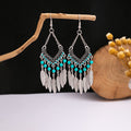 Ninety-Three Silver Tone Bead Feather Ethnic Dangle Earrings view 1
