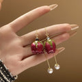 Red Rose Pearl Threader Earrings with Lustrous Bead Details view 7