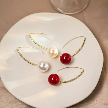 Gold Curved Crystal Hook Pearl Drop Earrings White Red