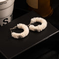 White Fuzzy Oval Hoop Oversized Statement Stud Earrings view 3