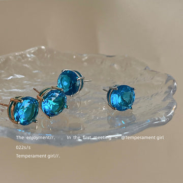Large Aqua Blue Round Crystal Stud Earrings Two Finishes