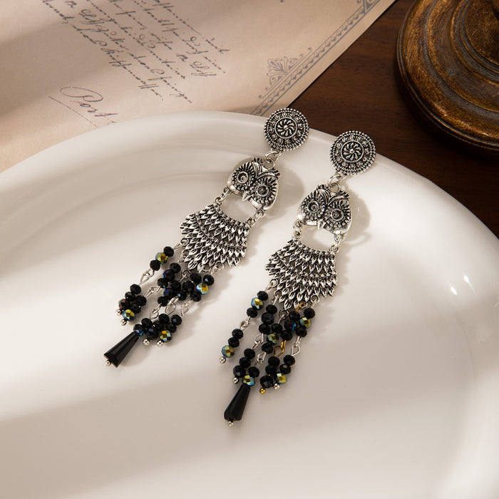 Silver and Antique Gold Owl Bead Tassel Dangle Earrings