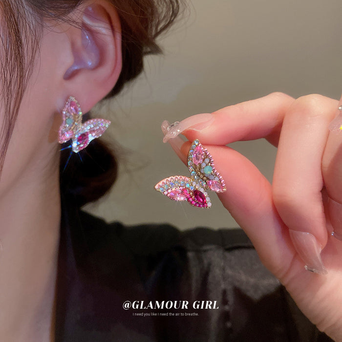 Pink Iridescent Crystal Butterfly Statement Stud Earrings