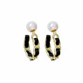 Gold Tone Pearl Stud Chain Hoop Earrings Leather Wrap view 5