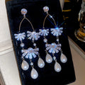 Silver Tone Crystal Petal Pearl Tassel Drop Earrings view 6