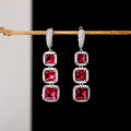 Three-Tier Square Halo Long Drop Earrings In Four Stone Colors view 7