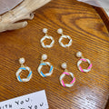 Pink Blue and White Woven Ring Pearl Look Earrings view 1