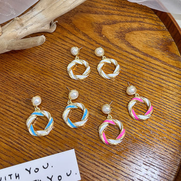 Pink Blue and White Woven Ring Pearl Look Earrings