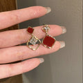 Gold Tone Geometric Drop Stud Earrings With Red Squares view 6