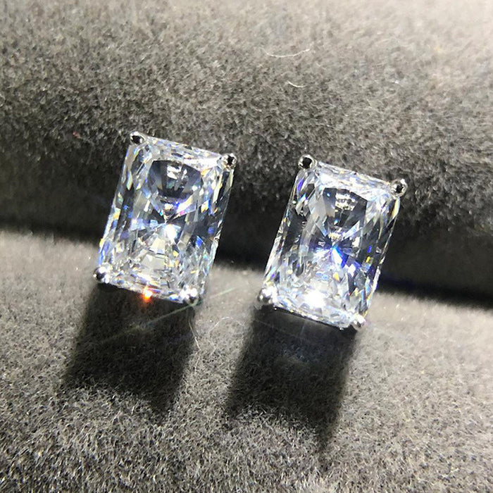 Rectangular Clear Solitaire Four-Prong Stud Earrings Silver Tone