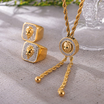 Lion Head Pave Ring Rope Chain Necklace Gold Tone Metal Set