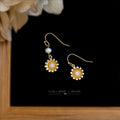 Asymmetric Gold Daisy Drop Earrings One Side Freshwater Pearl view 4