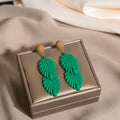 Matte Green Double Leaf Drop Earrings Camel Round Studs view 2