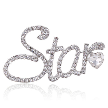 Crystal Star Script Brooch In Gold Or Silver Tone With Polished Metal Detail
