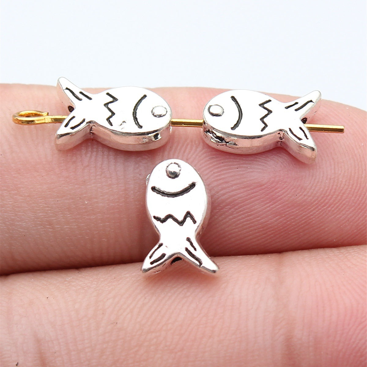 11x7.8x3.8mm 0.9g Antique Silver Zinc Alloy Double Sided Fish Small Hole Beads for DIY Bracelet Making