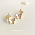 Gold Double Butterfly Earrings Crystal Shell Drops view 4