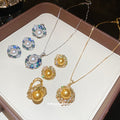 Pearl Crystal Floral Necklace Earrings Ring Jewelry Pieces view 3