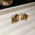 Gold Tone Square Clip On Earrings With Amber Crystals view 4
