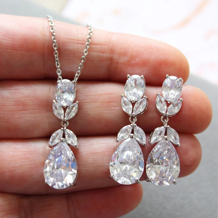 Silver Tone Clear Teardrop Crystal Earrings And Necklace