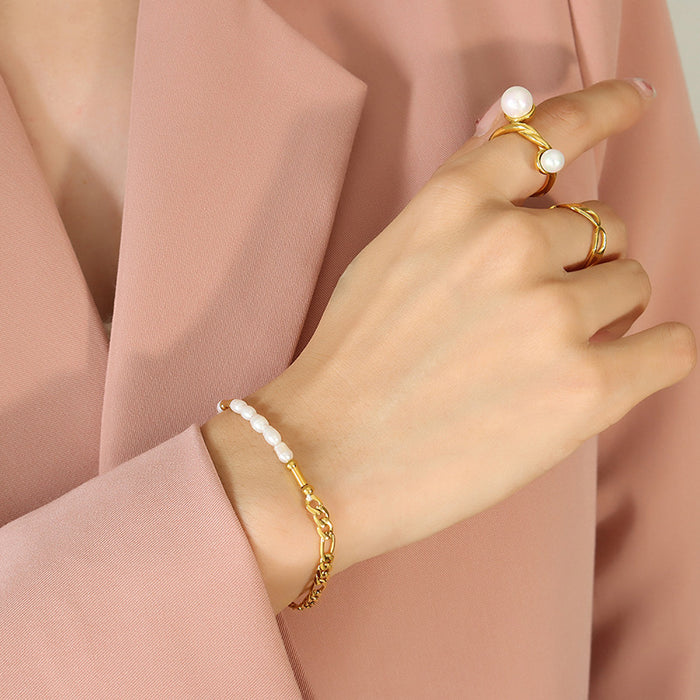 Gold Freshwater Pearl And Figaro Chain Mixed Bracelet